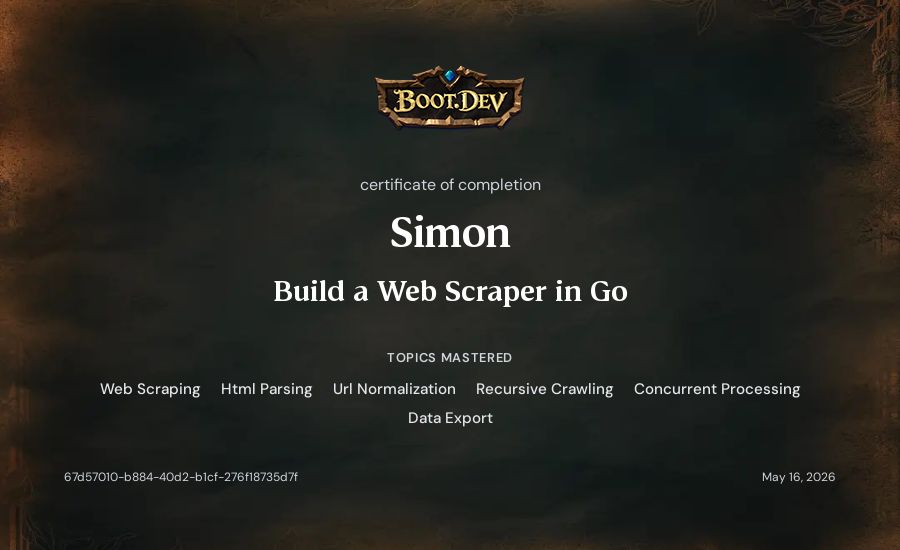 Simon's Boot.dev Build a Web Scraper in Go certificate