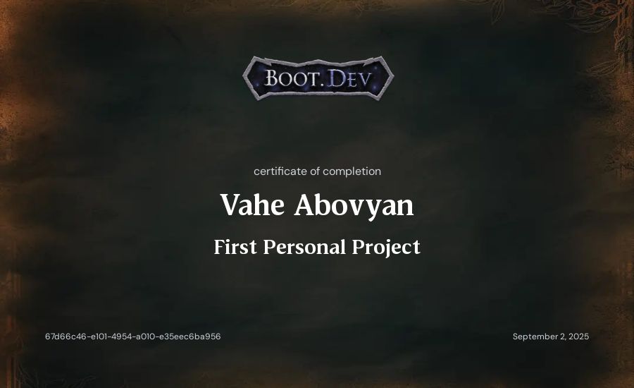 Vahe Abovyan's Boot.dev First Personal Project certificate