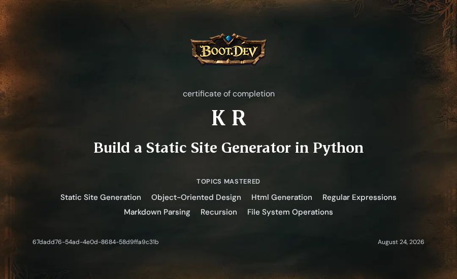 K R's Boot.dev Build a Static Site Generator in Python certificate