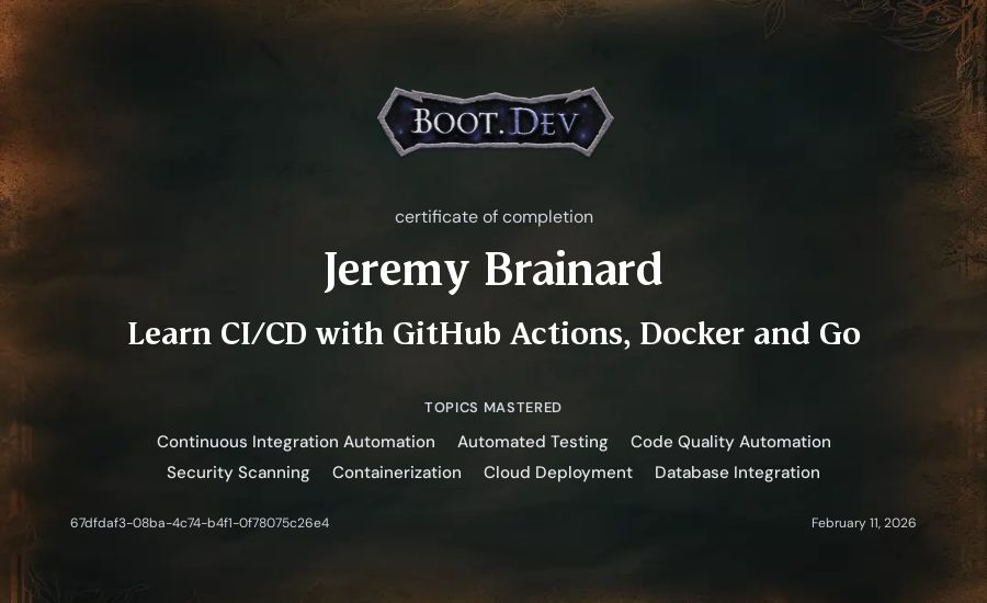 Jeremy Brainard's Boot.dev Learn CI/CD with GitHub Actions, Docker and Go certificate