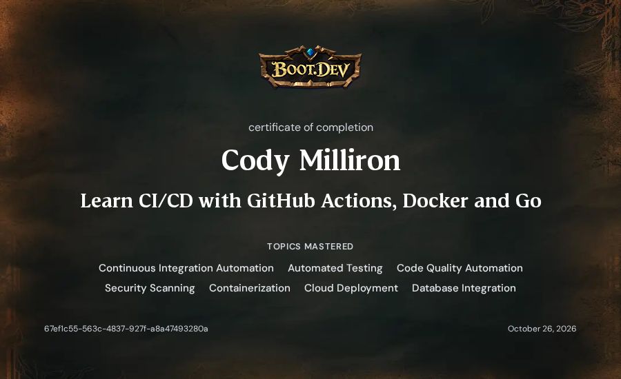Cody Milliron's Boot.dev Learn CI/CD with GitHub Actions, Docker and Go certificate