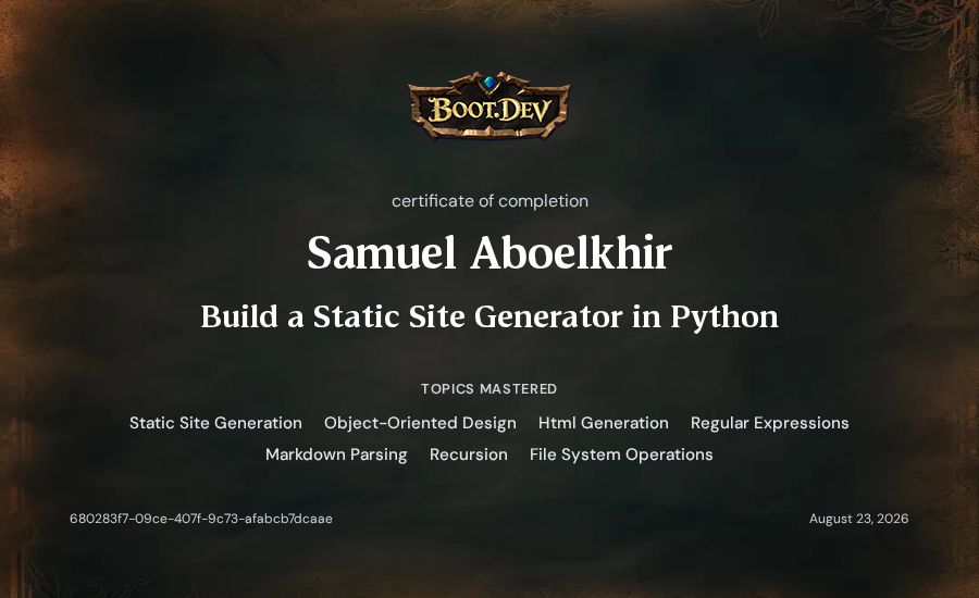 Samuel Aboelkhir's Boot.dev Build a Static Site Generator in Python certificate