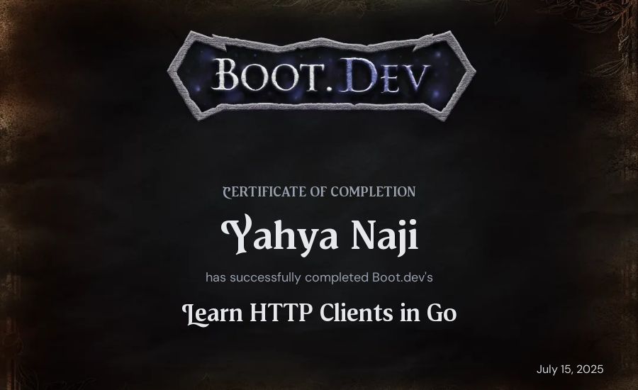 Yahya Naji's Boot.dev Learn HTTP Clients in Go certificate