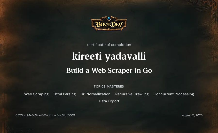 kireeti yadavalli's Boot.dev Build a Web Scraper in Go certificate