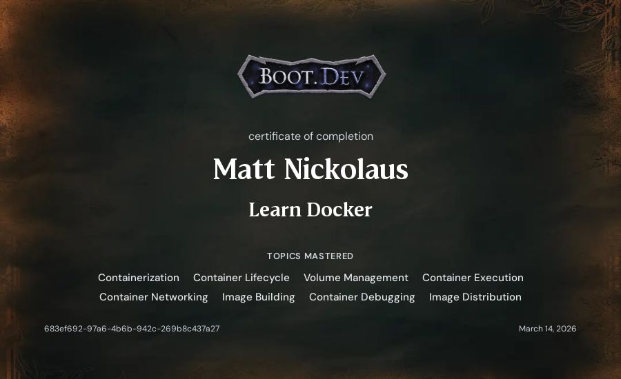 Matt Nickolaus's Boot.dev Learn Docker certificate