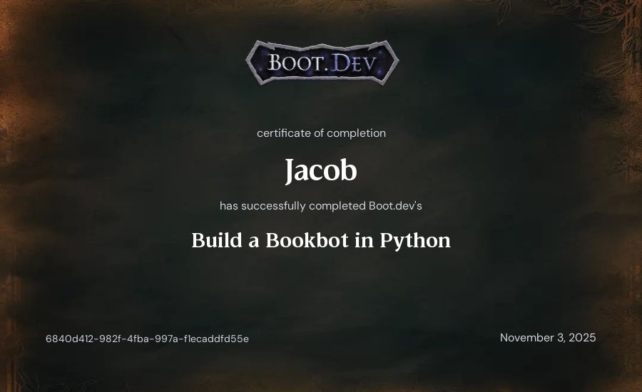 Jacob's Boot.dev Build a BookBot in Python certificate