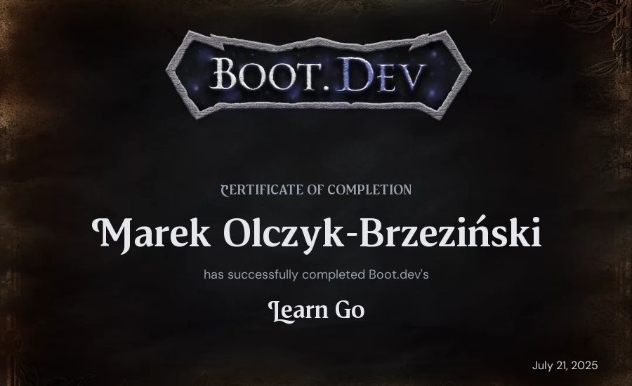 Marek Olczyk-Brzeziński's Boot.dev Learn Go certificate