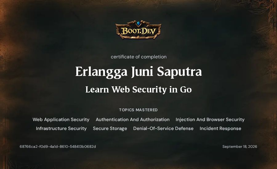 Erlangga Juni Saputra's Boot.dev Learn Web Security in Go certificate