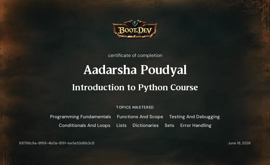 Aadarsha Poudyal's Boot.dev Introduction to Python Course certificate