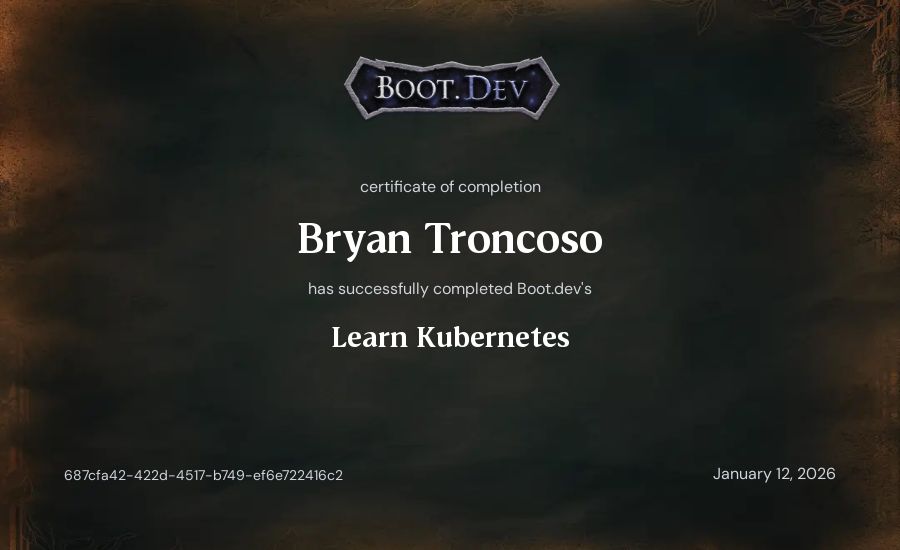 Bryan Troncoso's Boot.dev Learn Kubernetes certificate