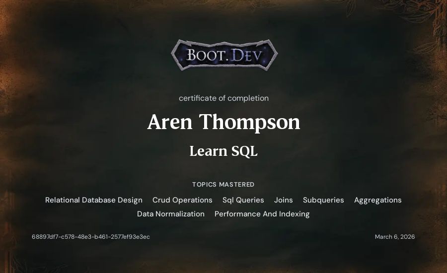 Aren Thompson's Boot.dev Learn SQL certificate
