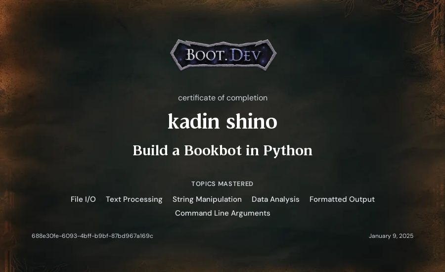 kadin shino's Boot.dev Build a BookBot in Python certificate