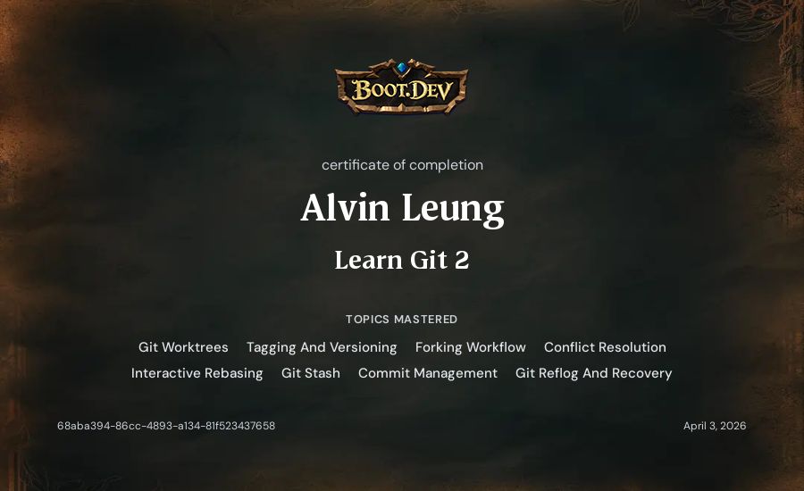Alvin Leung's Boot.dev Learn Git 2 certificate