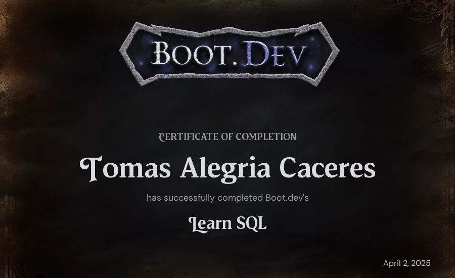 Tomas Alegria Caceres's Boot.dev Learn SQL certificate