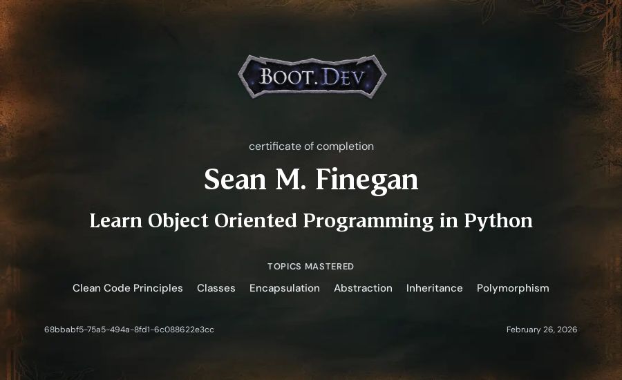 Sean M. Finegan's Boot.dev Learn Object Oriented Programming in Python certificate