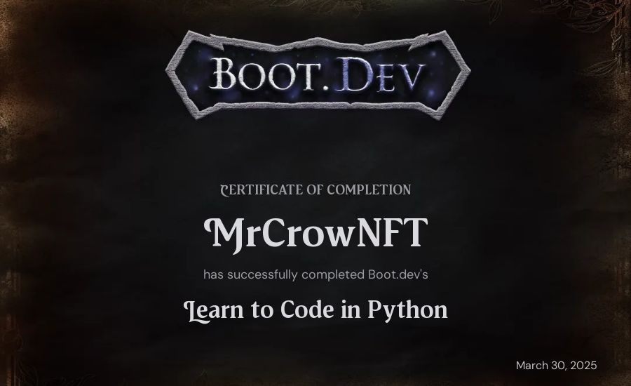 Luciano Balladares's Boot.dev Introduction to Python Course certificate