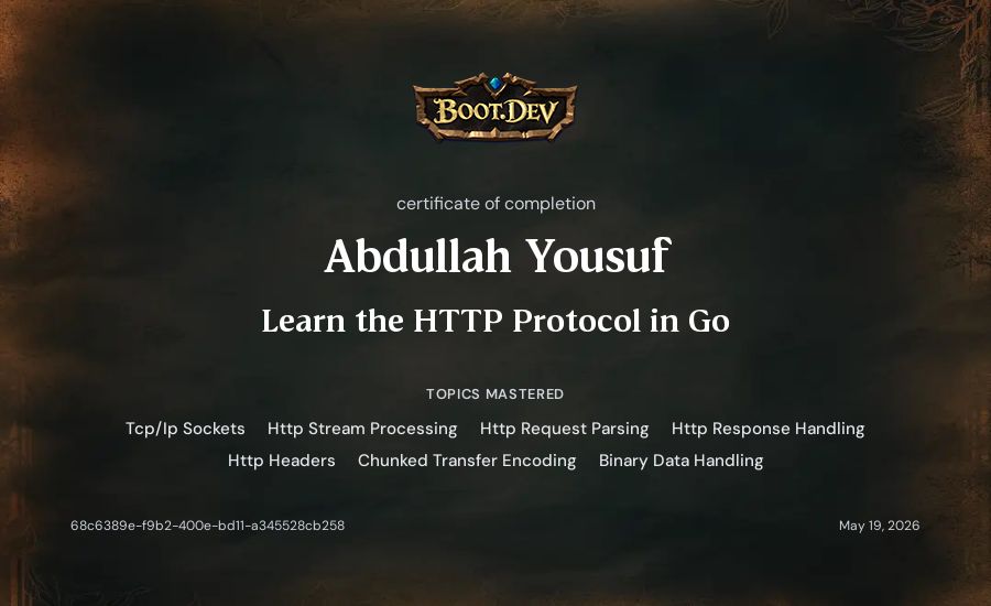 Abdullah Yousuf's Boot.dev Learn the HTTP Protocol in Go certificate