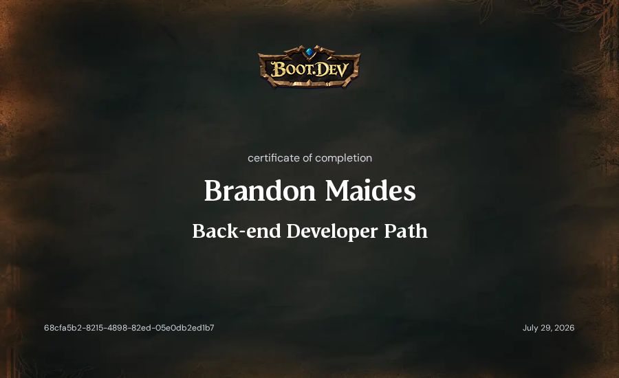 Brandon Maides's Boot.dev Back-end Developer Path certificate
