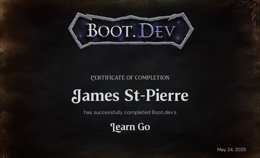 James St-Pierre's Boot.dev Learn Go certificate