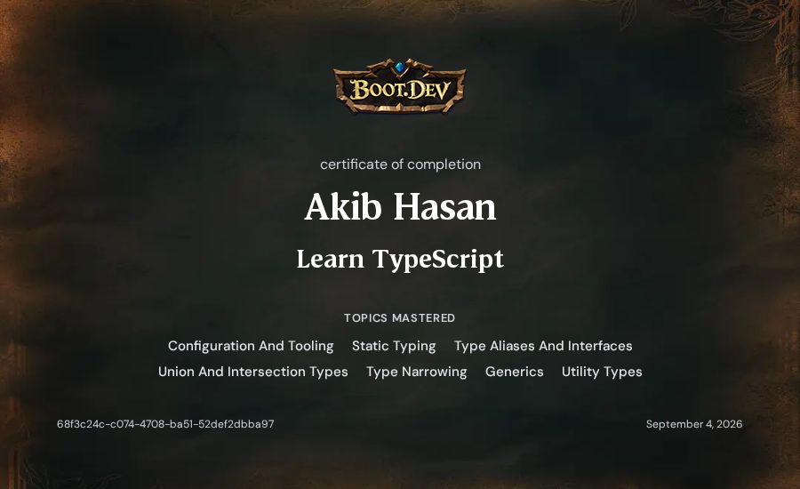 Akib Hasan's Boot.dev Learn TypeScript certificate
