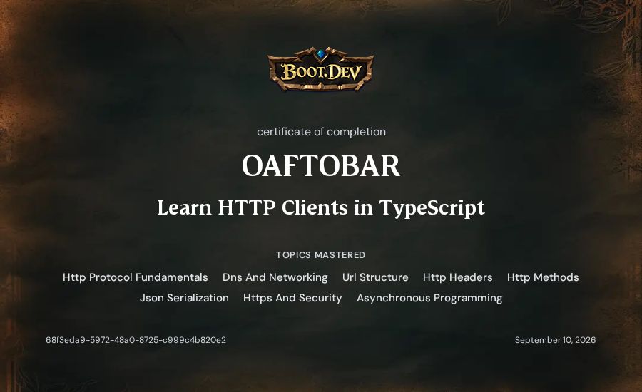 OAFTOBAR's Boot.dev Learn HTTP Clients in TypeScript certificate