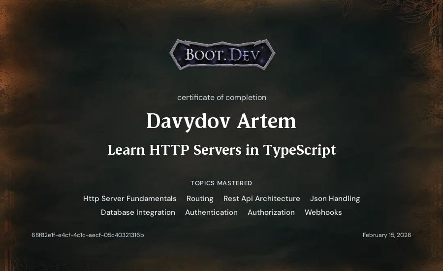 Davydov Artem's Boot.dev Learn HTTP Servers in TypeScript certificate