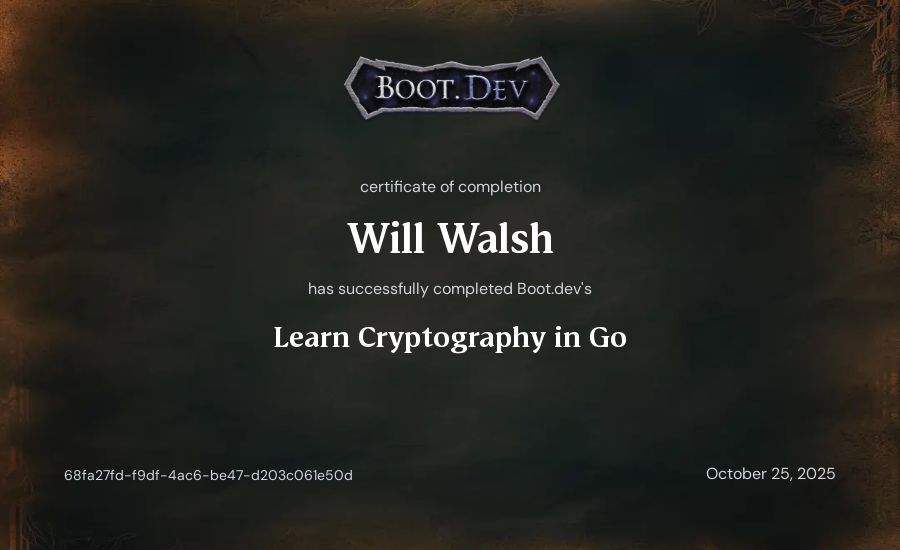 Will Walsh's Boot.dev Learn Cryptography in Go certificate