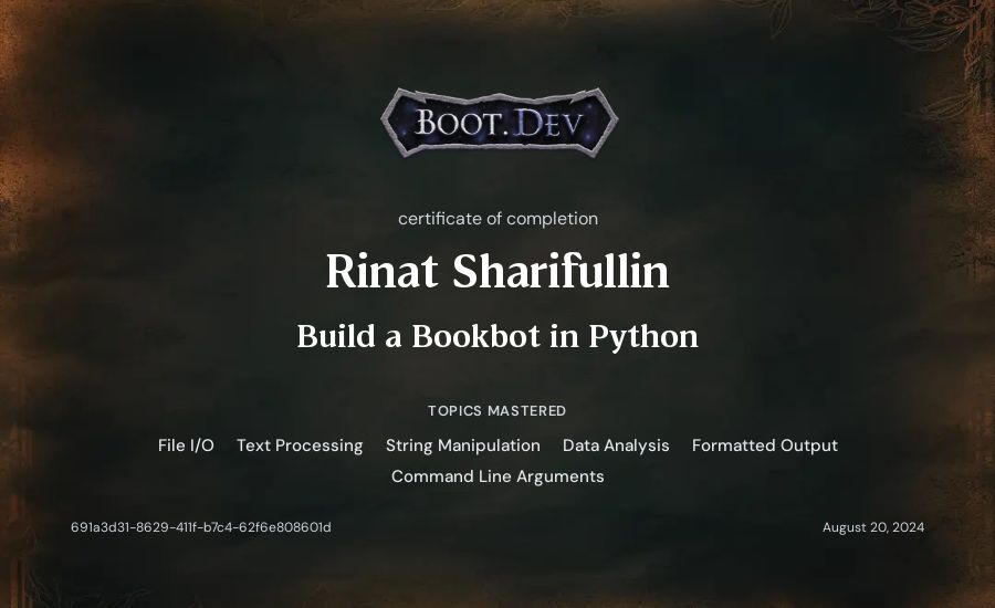 Rinat Sharifullin's Boot.dev Build a BookBot in Python certificate