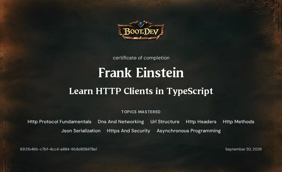 Frank Einstein's Boot.dev Learn HTTP Clients in TypeScript certificate