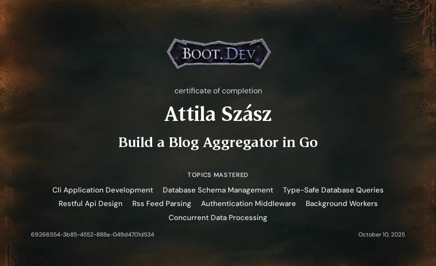 Attila Szász's Boot.dev Build a Blog Aggregator in Go certificate
