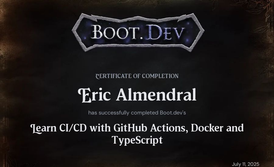 Eric Almendral's Boot.dev Learn CI/CD with GitHub Actions, Docker and TypeScript certificate
