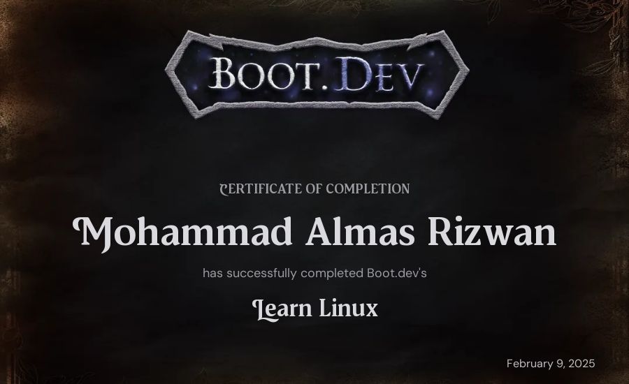 Mohammad Almas Rizwan's Boot.dev Learn Linux certificate