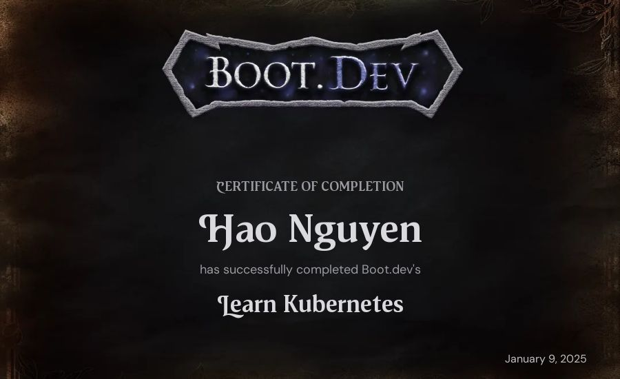 Hao Nguyen's Boot.dev Learn Kubernetes certificate