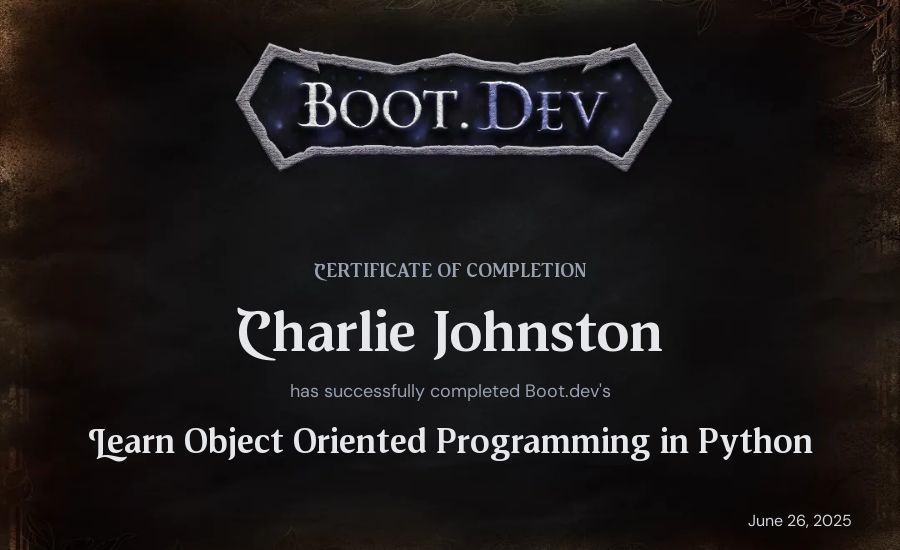 Charlie Johnston's Boot.dev Learn Object Oriented Programming in Python certificate