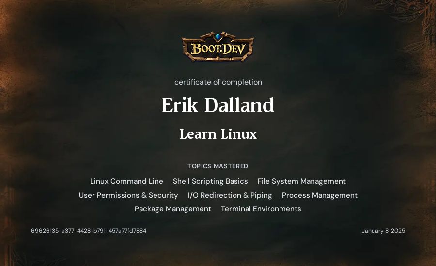 Erik Dalland's Boot.dev Learn Linux certificate