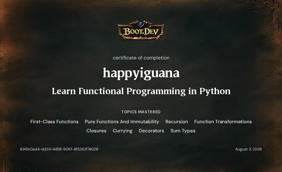 happyiguana's Boot.dev Learn Functional Programming in Python certificate