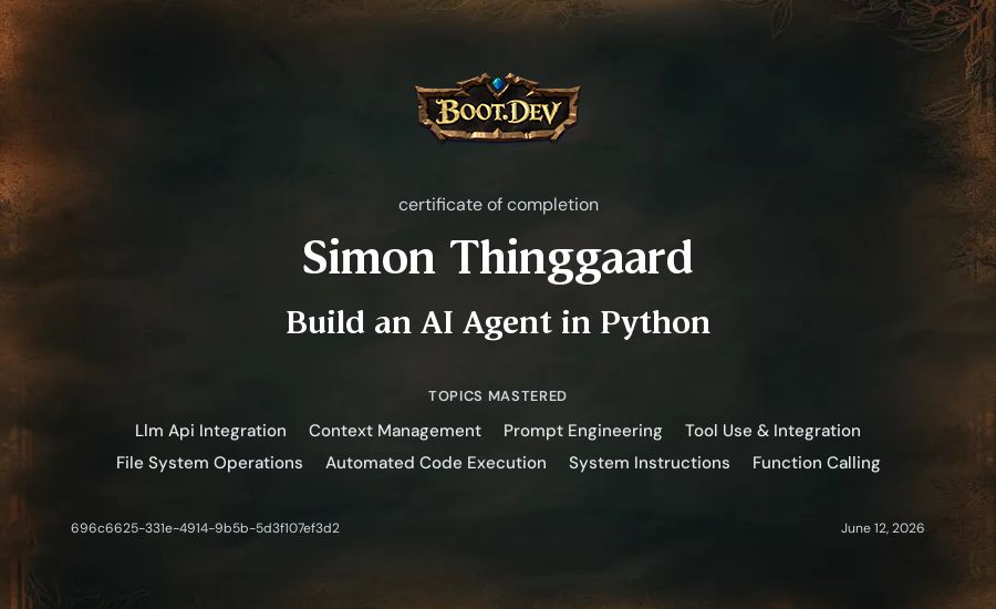 Simon Thinggaard's Boot.dev Build an AI Agent in Python certificate