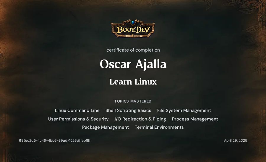 Oscar Ajalla's Boot.dev Learn Linux certificate