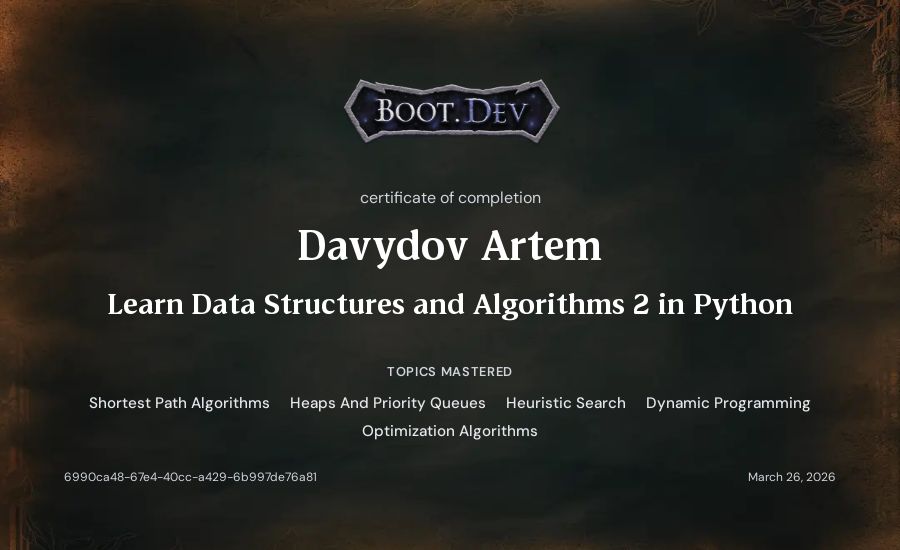 Davydov Artem's Boot.dev Learn Data Structures and Algorithms 2 in Python certificate