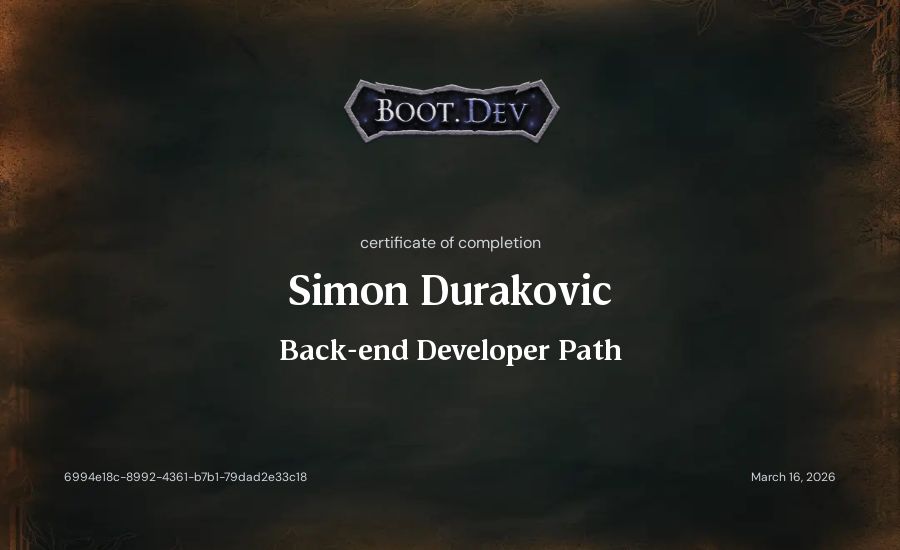 Simon's Boot.dev Back-end Developer Path certificate