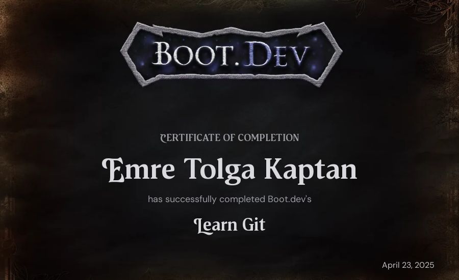 Emre Tolga Kaptan's Boot.dev Learn Git certificate