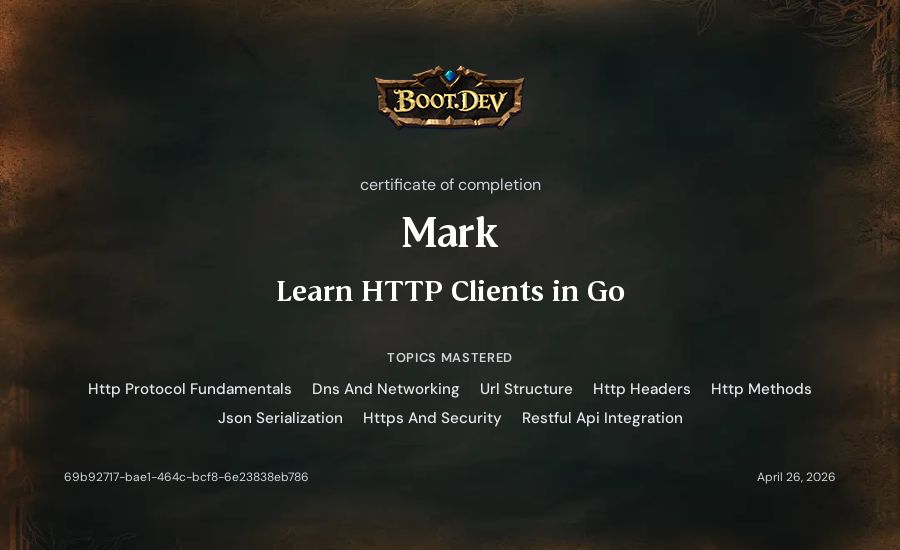 Mark's Boot.dev Learn HTTP Clients in Go certificate