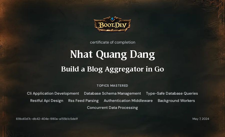 Nhat Quang Dang's Boot.dev Build a Blog Aggregator in Go certificate