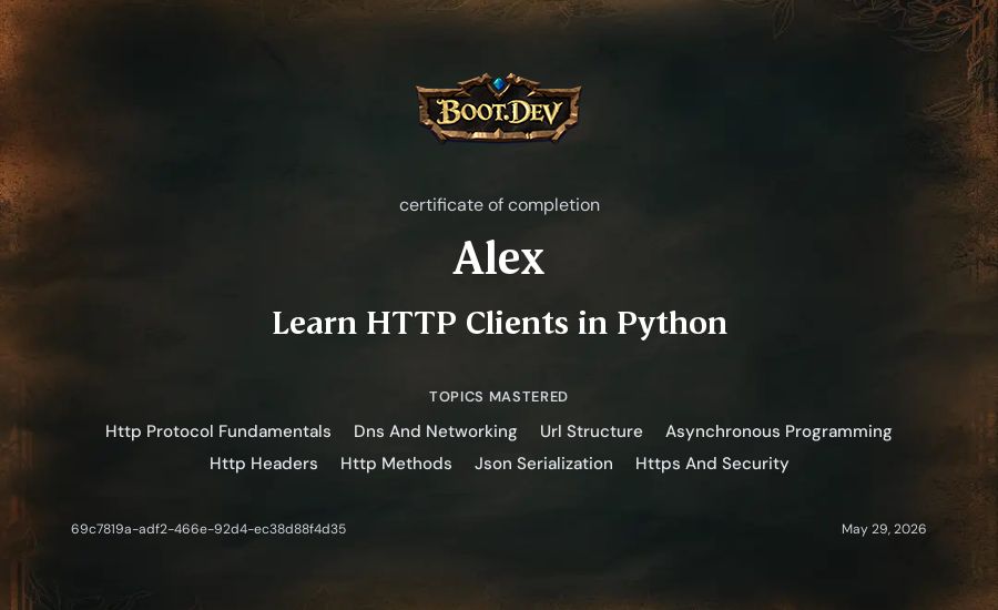 Alex's Boot.dev Learn HTTP Clients in Python certificate