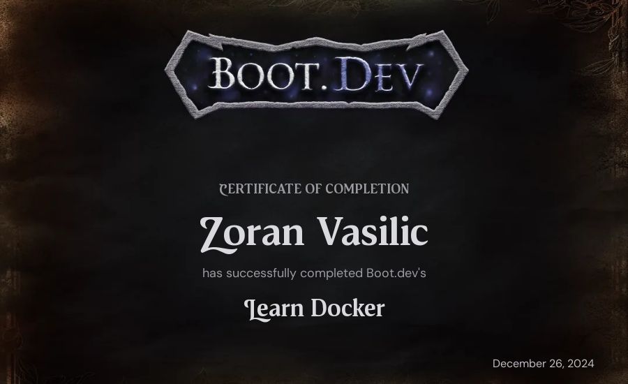 Zoran Vasilic's Boot.dev Learn Docker certificate