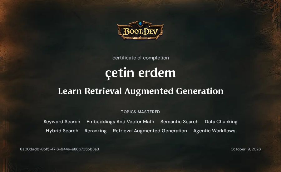 Çetin Erdem's Boot.dev Learn Retrieval Augmented Generation certificate