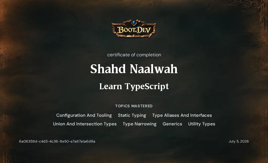 Shahd Naalwah's Boot.dev Learn TypeScript certificate