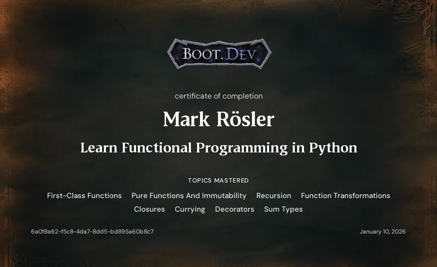 Mark Rösler's Boot.dev Learn Functional Programming in Python certificate