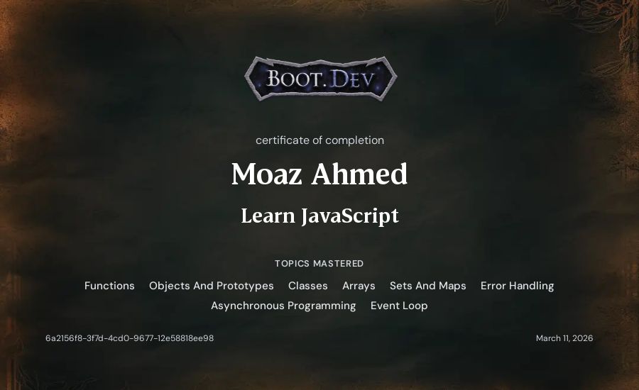 Moaz Ahmed's Boot.dev Learn JavaScript certificate