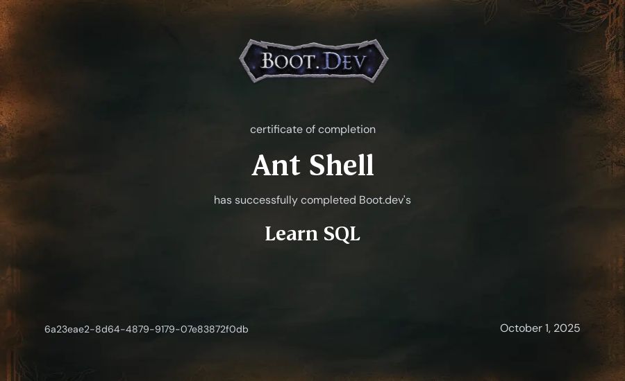 Ant Shell's Boot.dev Learn SQL certificate